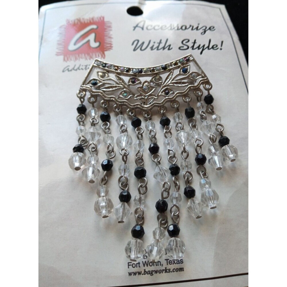 Crescent Tassel Black/Clear Beaded Brooch Pin Waterfall Dangle Chandelier NOS